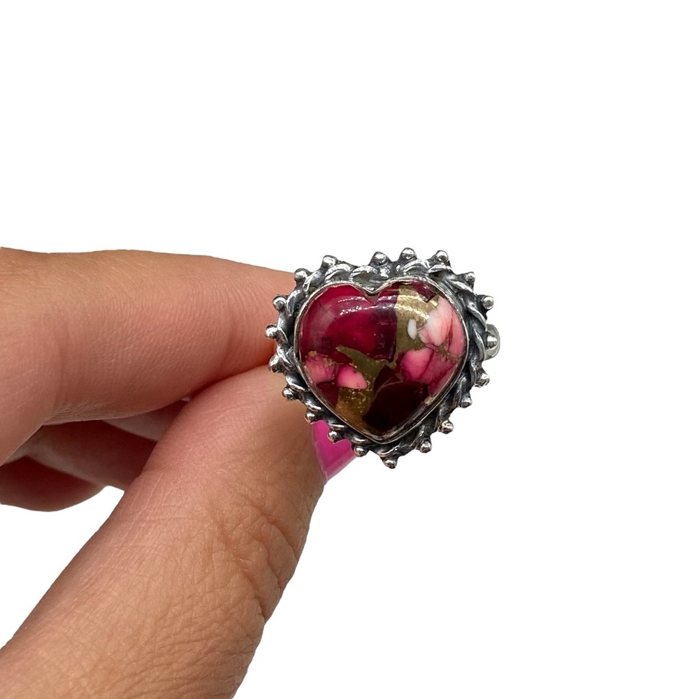 Red Rose Dahlia Kingman Turquoise Heart Ring Size 10 Solid 925 Sterling Silver - Picture 4 of 7